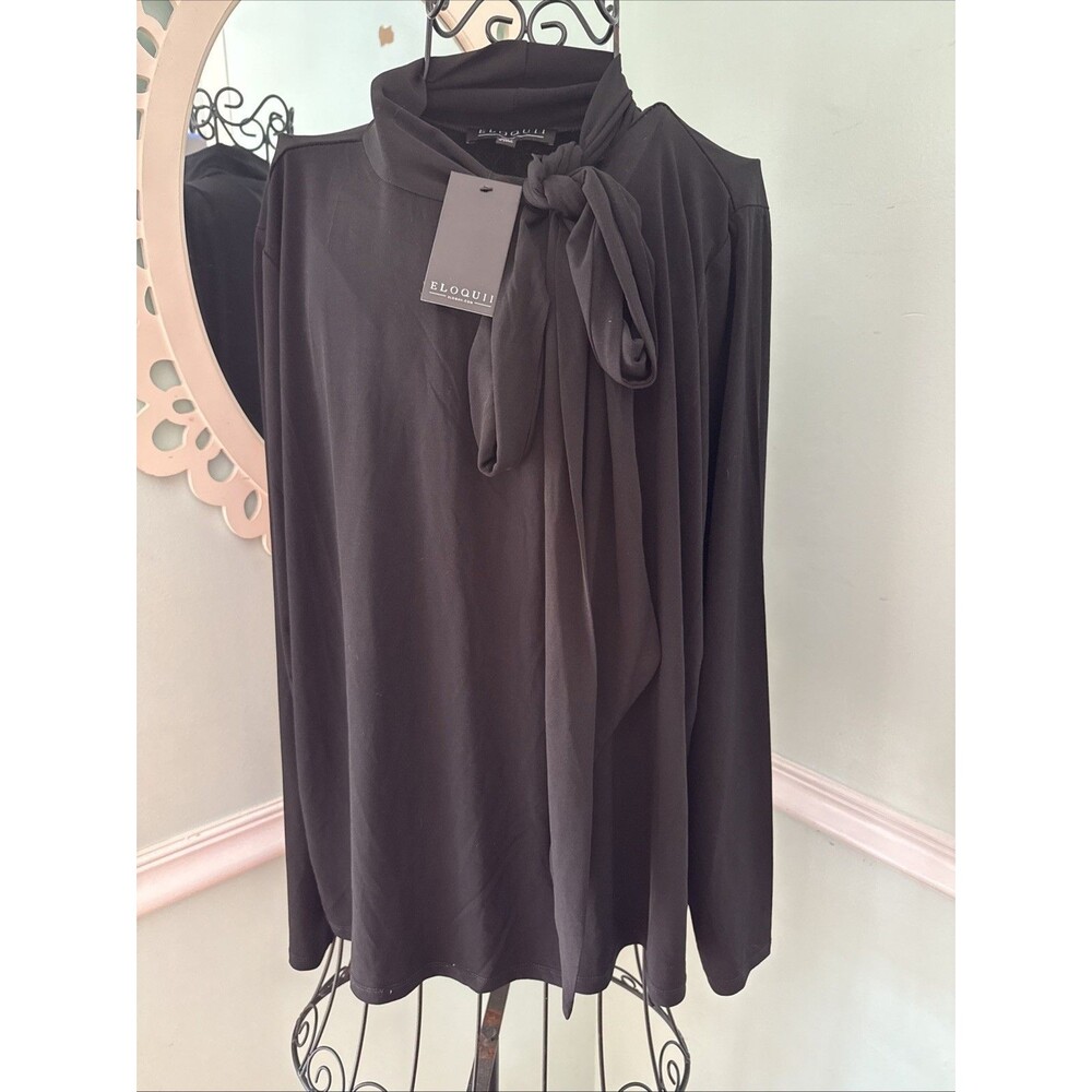 Eloquii Womens Size 22 /24 Pullover‎ Career Blouse Black V-Neck Tie Bow